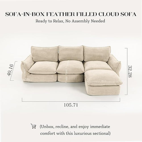 106'' Down Blend L-Shaped Sectional Sofa, Deep Seat Feather-Filled Cushions, Oversized Cloud Couch with Sink-in Comfort, Modern Living Room Sofa – Ivory White