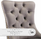 Velvet Upholstered Dining Chairs Set of 6, Modern Style Kitchen Side Chairs with Nailhead Trim and Gold Plated Leg, Metal Pulling Ring for Dining Room Living Room(Gery-Gold Plated Leg)