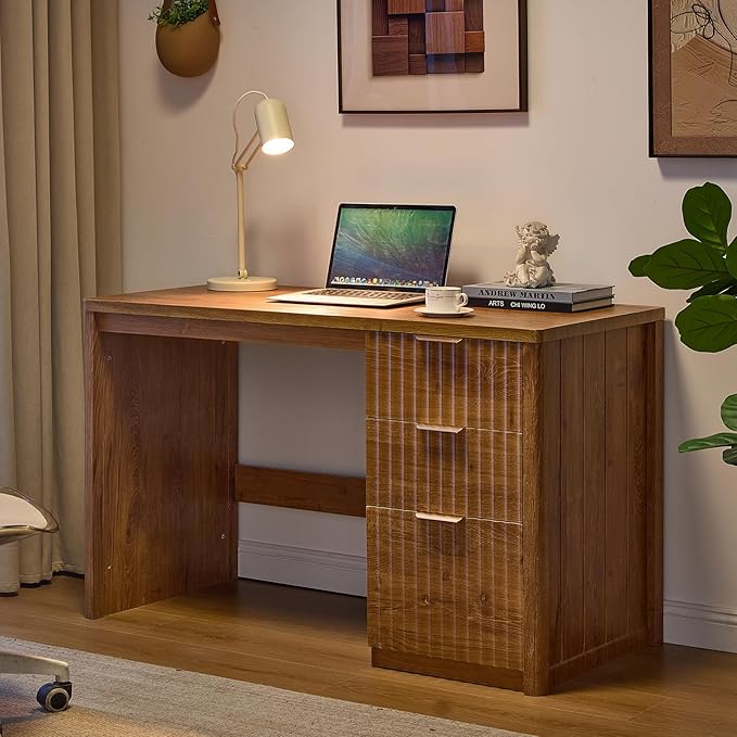 48" Modern Fluted Home Office Desk with Storage Cabinet, Brown Wood Executive Desk with File Drawer & Metal Handles, Large Computer Writing Table for Office,Study, Living Room, Bedroom