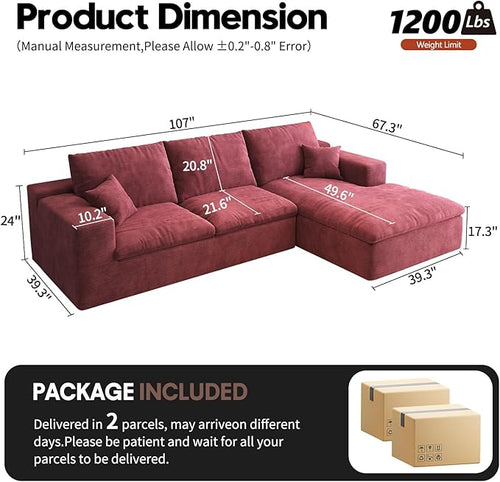 107'' L-Shaped Modern Modular Sectional Cloud Couch, 4-Seat Chenille Deep-Seat Sofa with Pillow for Living Room, Bedroom, Apartment, Wine Red