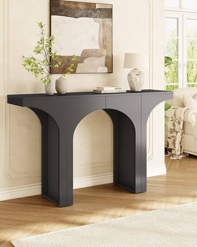 LITTLE TREE 47 Inches Console Table, Black Sofa Table Behind Couch, Farmhouse Entryway Table Hallway Foyer Table with Arch Base, Wooden Console Sofa Tables for Living Room, Entrance