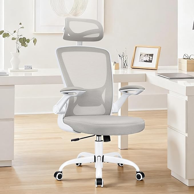 High Back Ergonomic Office Chair, Home Office Mesh Desk Chairs with Lumbar Support, Flip-up Armrests, Swivel Computer Chair for Gaming, Light Gray