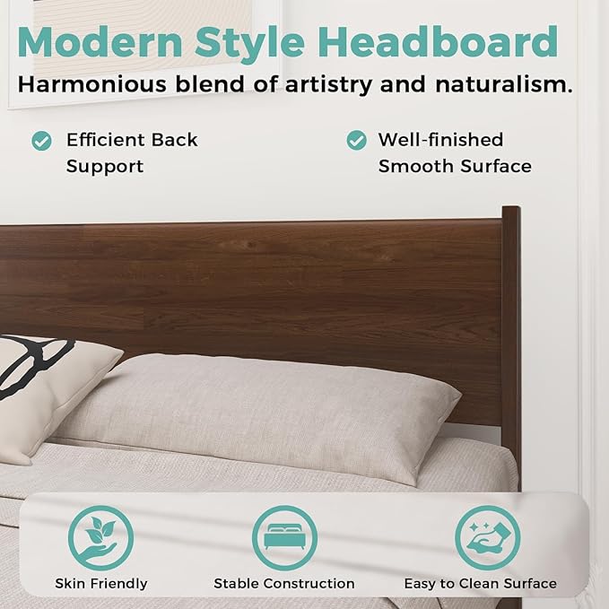 Queen Size Bed Frame with Farmhouse Headboard, Malaysian Oak Queen Bed Frame No Box Spring Needed, Platform Bedframe with 12 Slats Support, Easy Assembly, Antique Espresso