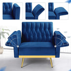 Velvet Accent Chair with Adjustable Armrests and Backrest, Button Tufted Lounge Chair, Single Recliner Armchair with Ottoman and Pillow for Living Room, Bedroom, Blue