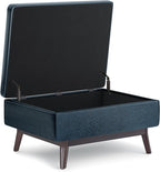 SIMPLIHOME Owen 34 inch Wide Mid Century Modern Rectangle Coffee Table Storage Ottoman in Distressed Dark Blue Vegan Faux Leather, Assembled, for the Living Room, Entryway and Family Room