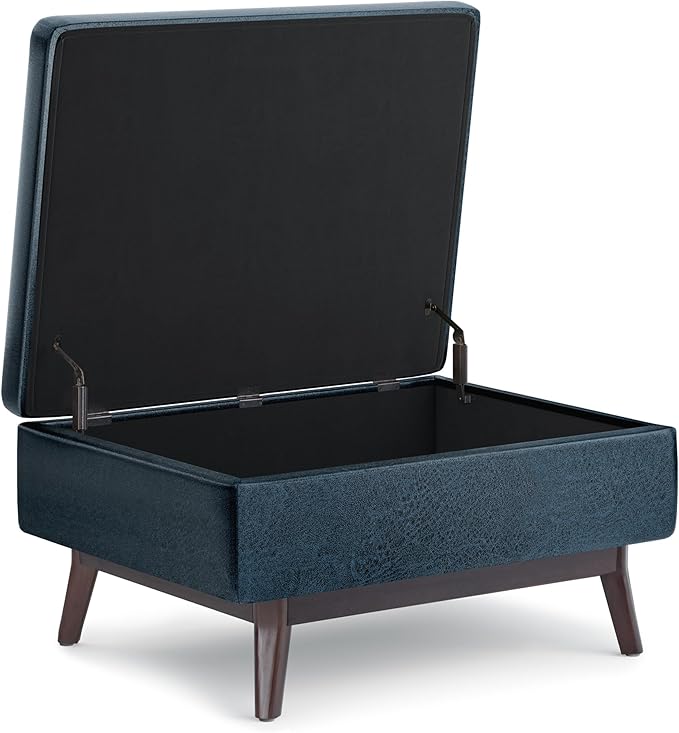 SIMPLIHOME Owen 34 inch Wide Mid Century Modern Rectangle Coffee Table Storage Ottoman in Distressed Dark Blue Vegan Faux Leather, Assembled, for the Living Room, Entryway and Family Room