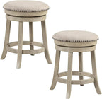COSTWAY 360° Swivel Bar Stools Set of 2, 24-inch Height Upholstered Round Barstools with Wooden Frame, Seat and Footrest, Backless Solid Wood Counter Stools for Kitchen Island Bistro Pub, Beige