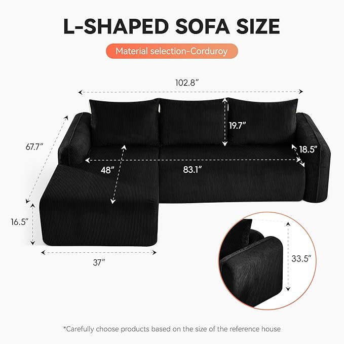 103'' Boneless Corduroy L Shaped Couch, 3 Seat Modular Sectional Deep Seat Sofa with Chaise Lounge, No Assembly Cloud Lounge Sleeper Sofa, Black