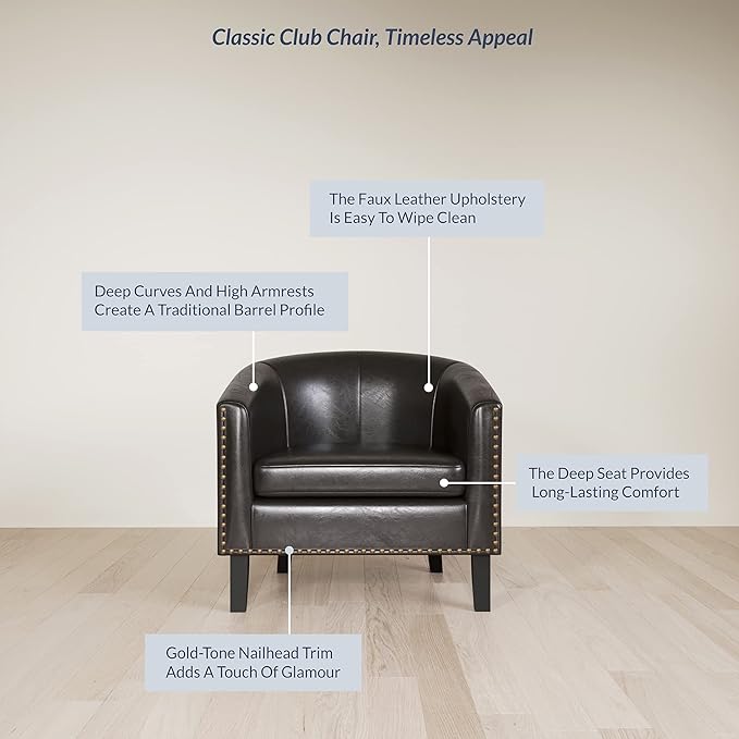 BELLEZE Accent Barrel Chair, Modern Faux Leather Tub Club Chair Upholstered Armchair with Gold Nail Head Trim and Black Legs for Living Room Bedroom Apartment Lounge - Dark Brown