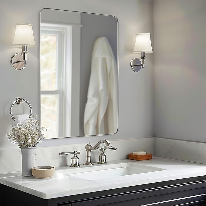 ANDY STAR Wall Mirror Brushed Nickel for Bathroom, 30x36 Rounded Rectangle Mirror with Stainless Steel Silver Metal Frame, Modern Bathroom Vanity Mirror