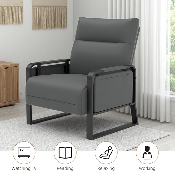 Upholstered Accent Chair, Modern Faux Leather Sofa Chair with Foldable Side Tray Table & Storage Pocket, Small Accent Sofa for Living Room, Bedroom, Reception Room, Gray