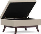 SIMPLIHOME Owen 34 inch Wide Mid Century Modern Rectangle Coffee Table Storage Ottoman in Natural Linen Look Fabric, Assembled, for the Living Room, Entryway and Family Room