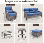 Swivel Patio Chairs sofa Set of 9 with 6" Thick Cushion - Wicker Outdoor Swivel Rocker Patio Chair ,Sofa/Glass coffee table, High Back Comfortable Outdoor Glider Chairs -Brown Wicker Blue Cushion