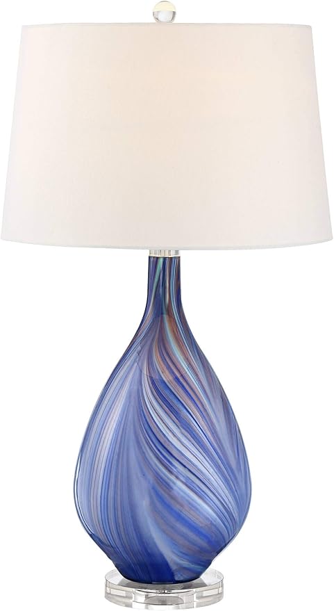 Possini Euro Design Taylor Modern 3-Way Table Lamp 29" Tall with Table Top Dimmer Blue Art Glass White Fabric Tapered Drum Shade for Bedroom Living Room House Home Bedside Nightstand Office