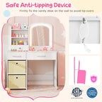 Costzon Kids Vanity with Lights, Princess Makeup Dressing Desk with Mirror and Stool, Storage Drawers, Shelves, Vanity Table and Chair Set for Little Girls (White)