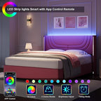 Pink Full Size Bed Frame with LED Lights, Faux Leather Upholstered Platform with Silver Wingback Headboard, Modern Style, No Box Spring Needed, Easy Assembly