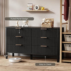 55" Wide Fluted 6 Drawer Dresser for Bedroom, Wooden Dresser Modern Chest of Drawers TV Stand Dressers with Organizer Storage for Bedroom, Living Room, Entryway, Hallway, Black