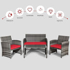 COSTWAY Patio Furniture Set 4 Pieces, Outdoor Wicker Chairs Sofa w/Coffee Table and Soft Cushions, Rattan Conversation Sets for Patio Lawn Backyard Yard Pool Garden, Red