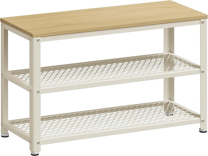 VASAGLE, 3-Tier Shoe Rack, Shelf Storage Bench with Metal Mesh Shelves and Seat, Free Standing Shoe Organizer for Entryway, 11.8 x 28.7 x 17.7 Inches, Oak Beige and Classic White ULBS073W09