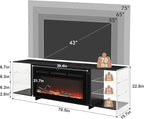 VECELO Fireplace TV Stand for Televisions up to 75" with 3D Flame/13 Colors, Modern Media Entertainment Center Console Table with LED Lights, 3 Tier Transparent Storage Shelves, for Living Room, Black