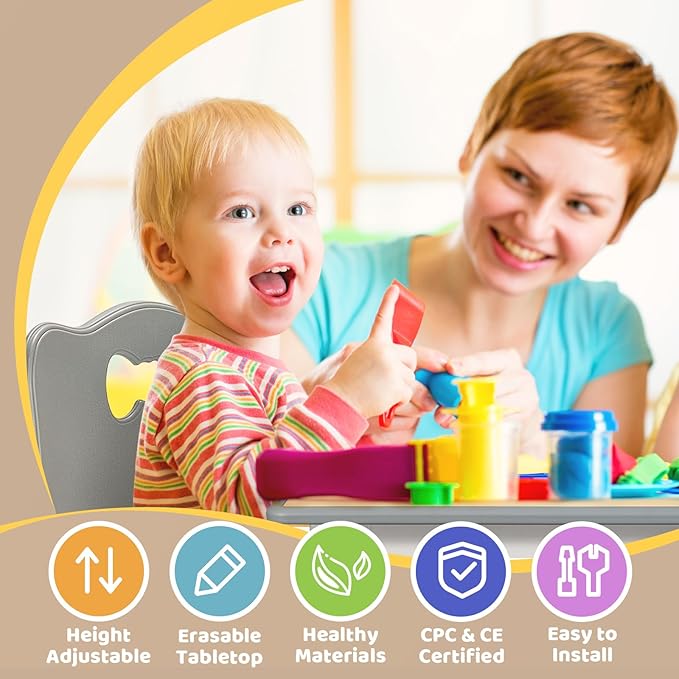 FUNLIO Kids Table and 2 Chairs Set for Ages 3-8, Height Adjustable Toddler Table and Chair Set, Easy to Wipe Arts & Crafts Table, for Classrooms/Daycares/Homes, CPC & CE Approved (3pcs Set) - Gray