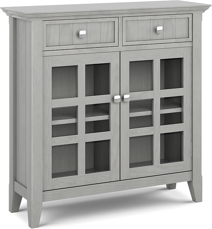 SIMPLIHOME Acadian SOLID WOOD 36 Inch Wide Rustic Entryway Hallway Storage Cabinet in Fog Grey, For the Living Room, Entryway and Family Room