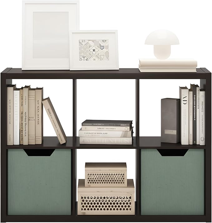 Furinno CUBICLE Book Shelf, 6-Cube Thick Frame Bookshelf, Horizontally & Vertically Reversible Bookcase with Open Back, 14.6 x 43.8 x 30, for Living Room, Bedroom, Home Office, Black Dark Oak