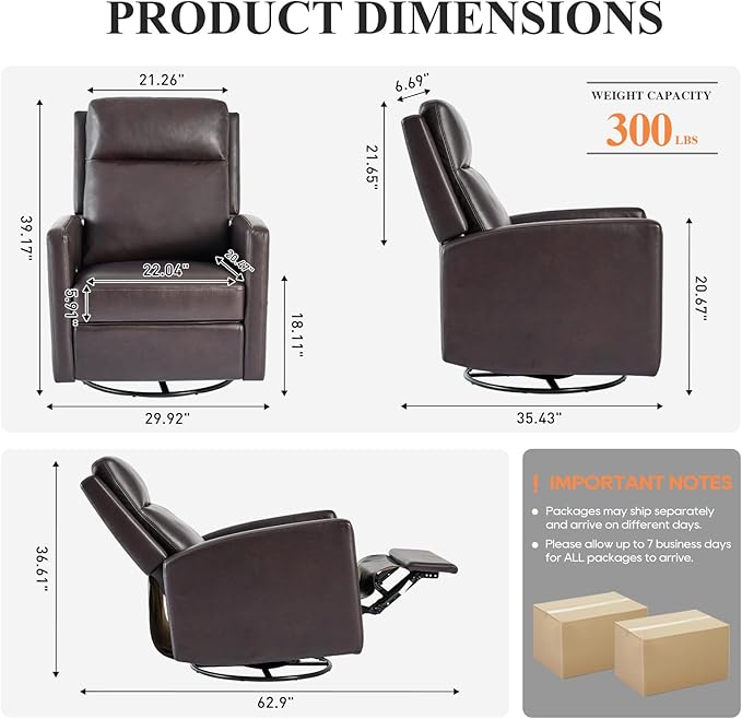 Swivel Rocking Recliner,Wide PU Leather Glider Sofa Chair with Ergonomic High Backrest for Bedroom,Living Room（Chocolate Brown）
