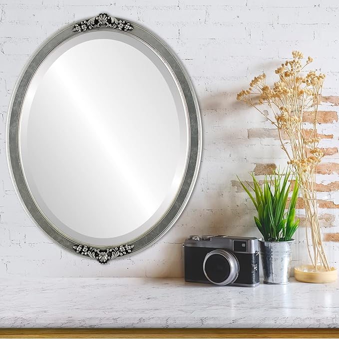 OVALCREST Oval Beveled Wall Mirror for Home Decor - Athena Style - Silver Leaf with Black Antique - 18" x 14" Outside Dimensions