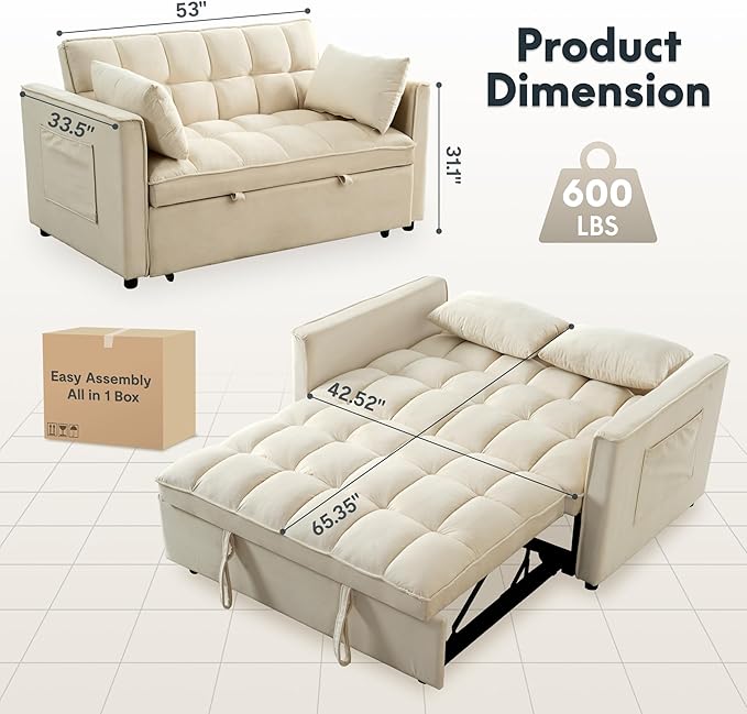 FLEXISPOT XCT4 Pull Out Couch for Small Spaces, 3-in-1 Convertible Loveseat Sofa Bed with Adjustable Backrest, Compact Futon Sofa Bed Twin Sleeper Loveseat for Apartment Dorm RV Guest Room,Cream
