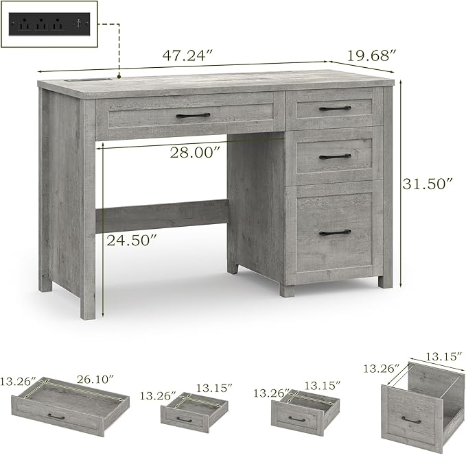 Vabches Farmhouse 47" Executive Desk, Computer Desk with File Drawer and Charging Station, Workstation for Home Office, Study.Grey.