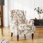 UIXE High Back Accent Chair, Fabric Upholstered Armchair for Living Room, Floral Printed Wingback Arm Chair with Solid Wood Legs, Retro Nailhead Trim Single Sofa Bedroom Reading Seat - Beige