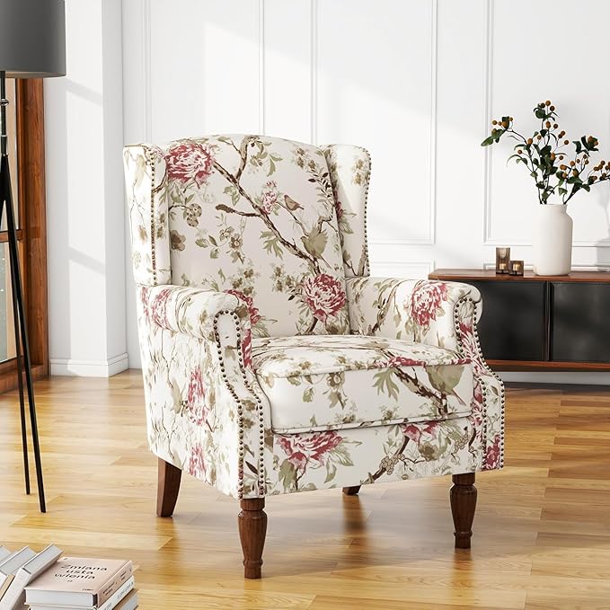 UIXE High Back Accent Chair, Fabric Upholstered Armchair for Living Room, Floral Printed Wingback Arm Chair with Solid Wood Legs, Retro Nailhead Trim Single Sofa Bedroom Reading Seat - Beige