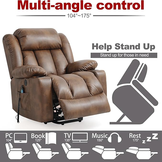 PARKOL Power Lift Recliner Chair for Elderly Breathable Leather Recliner Chair with Massage and Heat for People Limited Mobility (Ochre, Small)