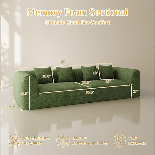120'' Oversized Sectional Couches for Living Room Boneless Modular Sectional Sofa Plush Chenille Cloud Modular Couch Modern Sectionals with Deep Seat, No Assembly Required, 4 Seater, Green