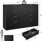 Black Dresser for Bedroom with 8 Drawer, 55” Wide Fluted Double Drawer Dresser Modern Chest of Drawers with Gold Handle, Wood TV Stand for Bedroom, Living Room, Black