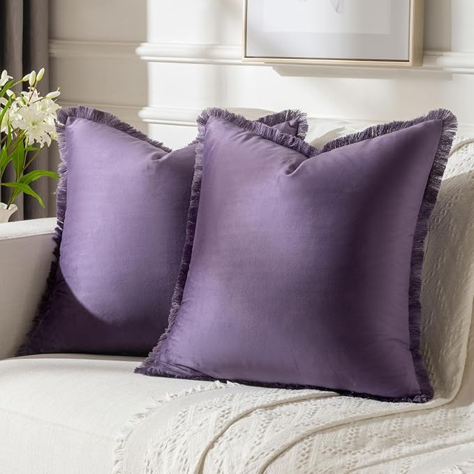 FUTEI Eggplant Purple Velvet Decorative Throw Pillow Covers 16x16 Set of 2,Soft Cozy Edge with Tassels Cushion Case,Boho Modern Home Decor for Couch Bed Living Room