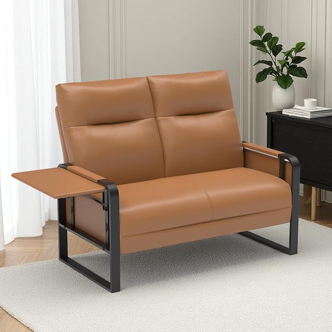 Faux Leather Loveseat, Upholstered Loveseat with Side Tray Table & Storage Pocket, Small Loveseat for Living Room, Modern 2 Seater Sofa Couch for Small Spaces, Bedroom, Brown