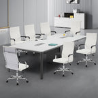 Office Chair, Ergonomic Executive Conference Room Chairs, Ribbed Leather Desk Chair with Lumbar Support, Adjustable Height Mid-Back Swivel Chair (Square Tube Armrests, White)