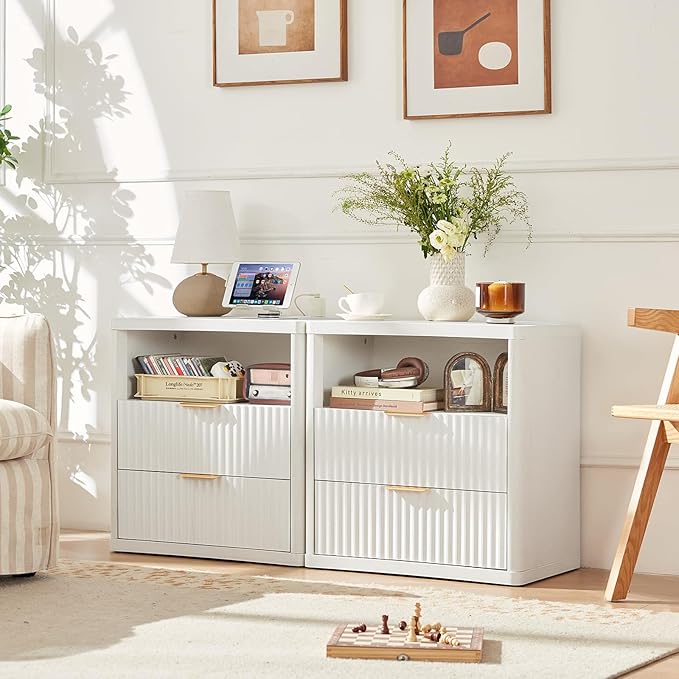 LEYAOYAO Fluted Nightstand with Charging Station, 23" Wide 2 Drawers End Table,White Night Stand with Open Storage Cabinet, Farmhouse Bed Side Tables, Wood Dresser for Bedroom, Living Room, Closet