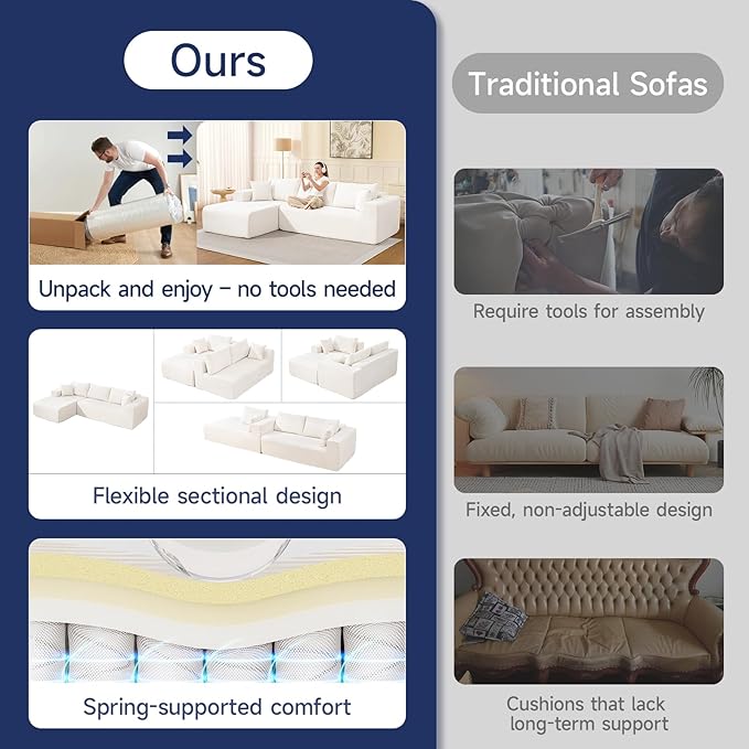 2025 New 108" Cloud Couch Sectional, Modular Sectional Sofa with L-Shaped Chaise, Deep Seat Sectional Modular Couch for Living Room, No Assembly Required (Beige, Left Facing Chaise)