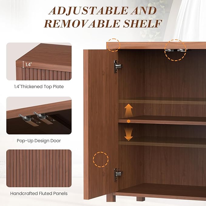 YOUDENOVA Fluted Buffet Cabinet with Storage, Modern Sideboard Cabinets with 4 Doors & Adjustable Shelves, Accent 56” Credenza Storage Cabinet, Wood Entryway Cabinet for Living Room Hallway, Brown