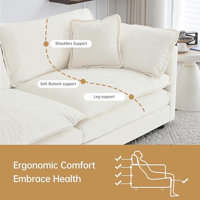 Modular Sectional Sofa, 111.5 Inch I-Shaped Cloud Sofa with Deep Seat Chenille Sofa with Cushions, Three-Self Sectional Sofa for Living Room Apartment,White