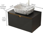30 Inch Bathroom Vanity with Sink, Floating Fluted Vanity with Vessel Sink, Modern Bathroom Vanity Cabinet with 2 Doors, Marble Pattern Ceramic Sink & Sintered Stone Top, Black