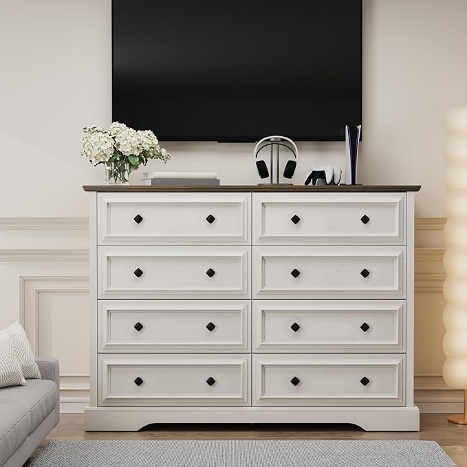 Farmhouse 8 Drawer Dresser for Bedroom, 54" Wide Wood Dresser with Natural Texture, Vintage Metal Double Hand Knobs, Rustic Chest of Drawers for Bedroom, Living Room, Hallway, Antique White