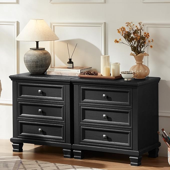 Farmhouse Bedroom Dresser and Nightstand Set of 4, 6 Drawer Tall & 5 Drawers Dresser & 3 Drawer Nightstand Set with Wooden Legs, Rustic Wood Bedroom Furniture for Livingroom, Hallway, Black