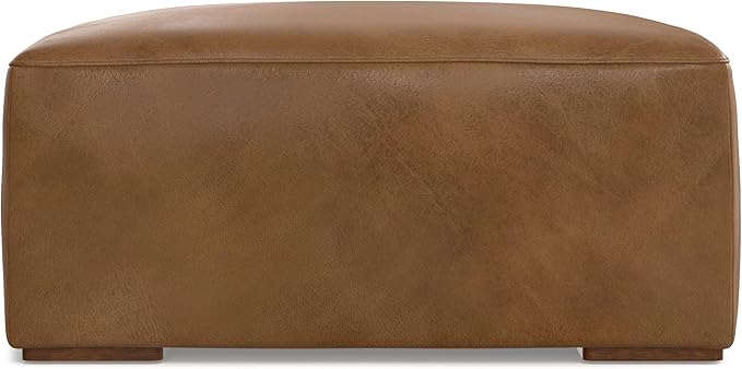 SIMPLIHOME Rex Ottoman in Full-Grain Genuine Leather, Caramel Brown, 34-inches Wide, Modern-Style Table Ottoman or Footrest, Assembled, for Living Room and Family Room
