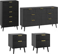 LYNSOM Fluted Dresser and Nightstand Sets 4 Piece, 2-Drawer Nightstands and 5/7 Drawers Dresser, Wood Bedroom Furniture Set for Home, Bedroom, Hallway, Black
