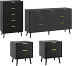 LYNSOM Fluted Dresser and Nightstand Sets 4 Piece, 2-Drawer Nightstands and 5/7 Drawers Dresser, Wood Bedroom Furniture Set for Home, Bedroom, Hallway, Black