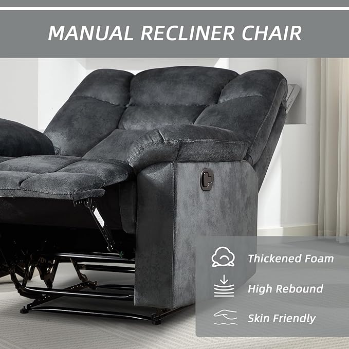 EBELLO Manual Recliner Chair for Adults with Soft Padded Headrest and Backrest, Overstuffed Single Recliner Sofa Chair for Living Room, Grey